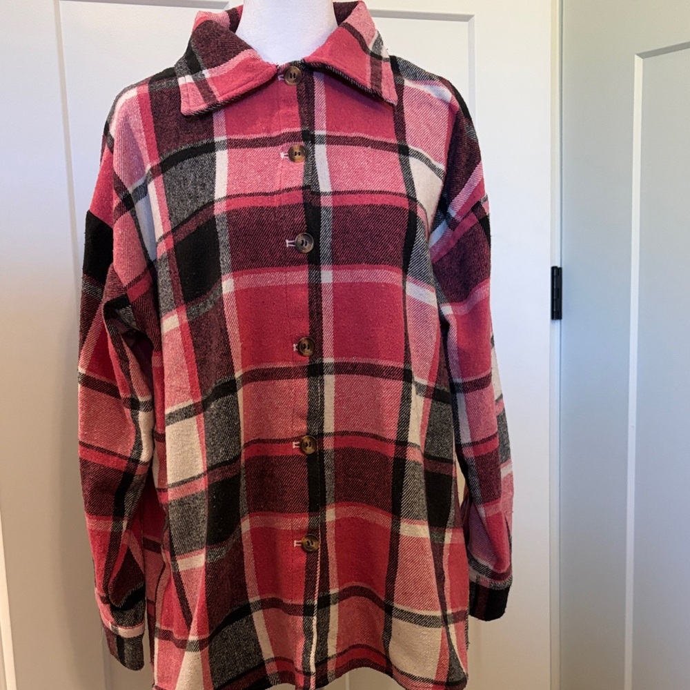 Brand Unknown Womens Pink Black White Flannel Plaid Button-Up Shirt Size XXL